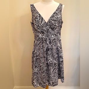 Lands End Black White Paisley Print Faux V-Neck Wrap Sleeveless MIDI Dress SZ 14